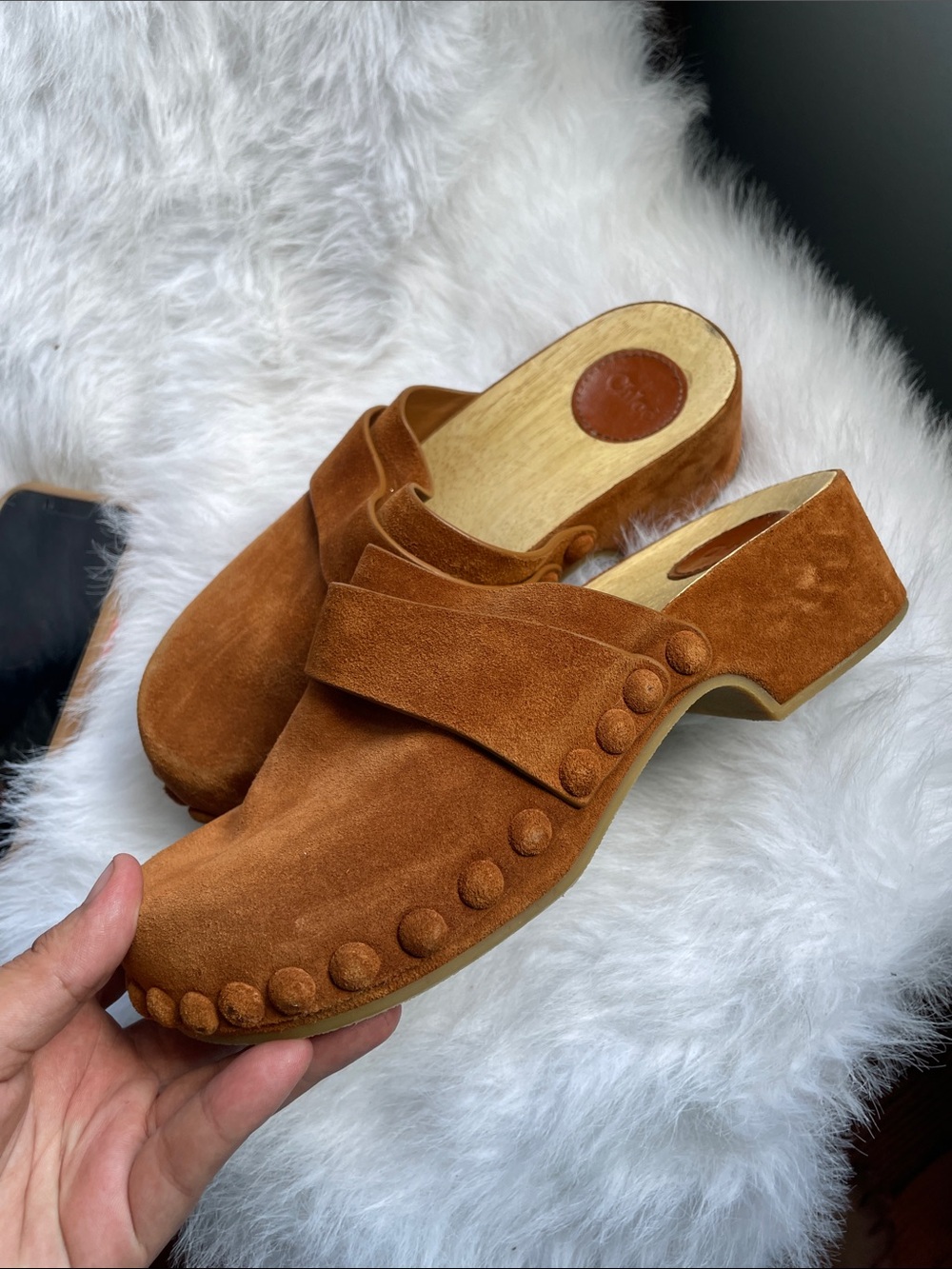 Chloé Suede Slip-On Mules in Cognac